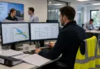 Construction support professional coordinating projects in a modern construction office.