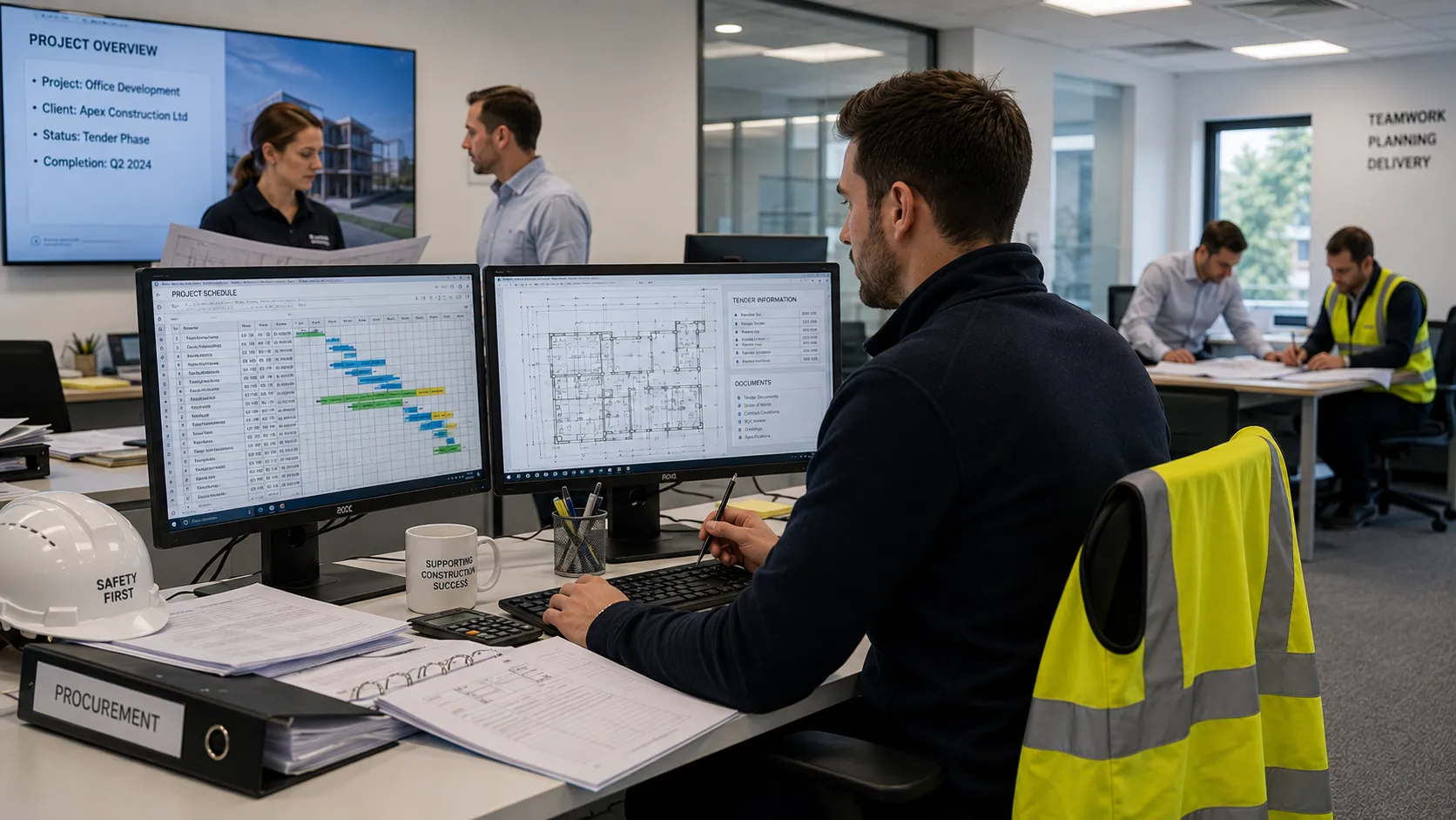Construction support professional coordinating projects in a modern construction office.