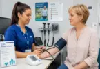 Health Care Assistant performing an NHS Health Check for a patient in a GP surgery in Carshalton.
