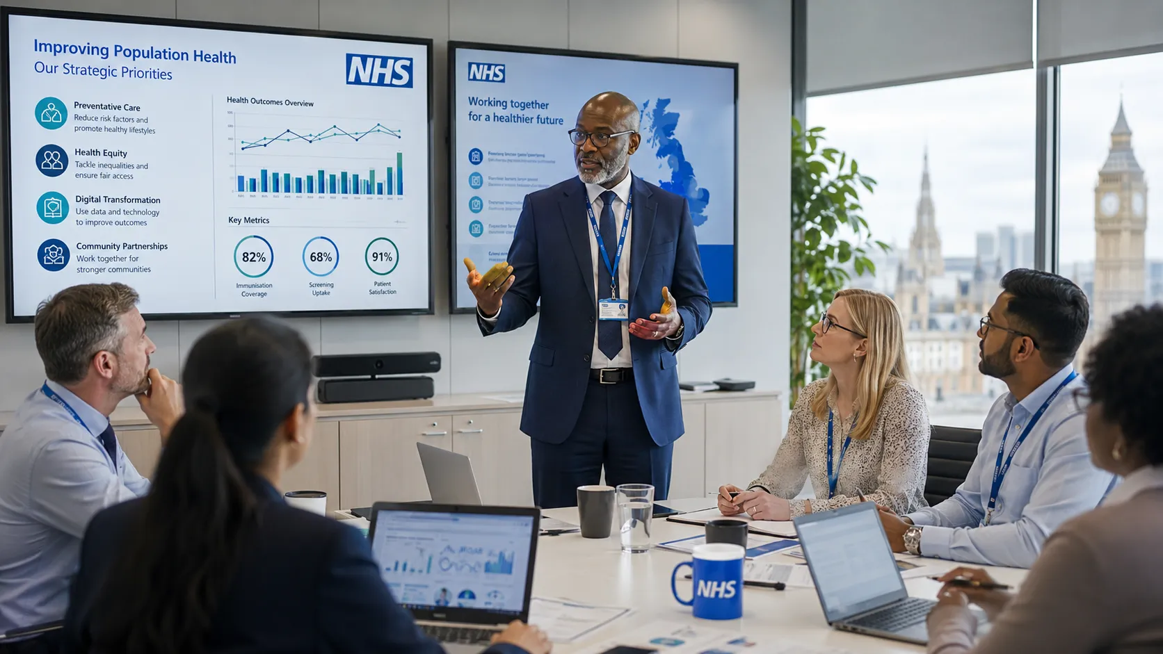 Assistant Director of Public Health leading an NHS public health strategy meeting in London.