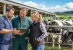 Regional sales representative discussing herd management solutions with dairy farmers on a modern Holstein dairy farm