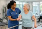 Registered nurse providing compassionate care to a resident inside a modern rehabilitation and long-term care facility.