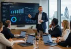 Head of Finance reviewing financial reports during a leadership meeting in a modern UK office.