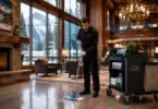 Lodgekeeper maintaining a luxury ski resort lobby at Yellowstone Club in Montana.