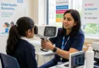 Child Health Screener carrying out a school vision screening for a primary school child in London.