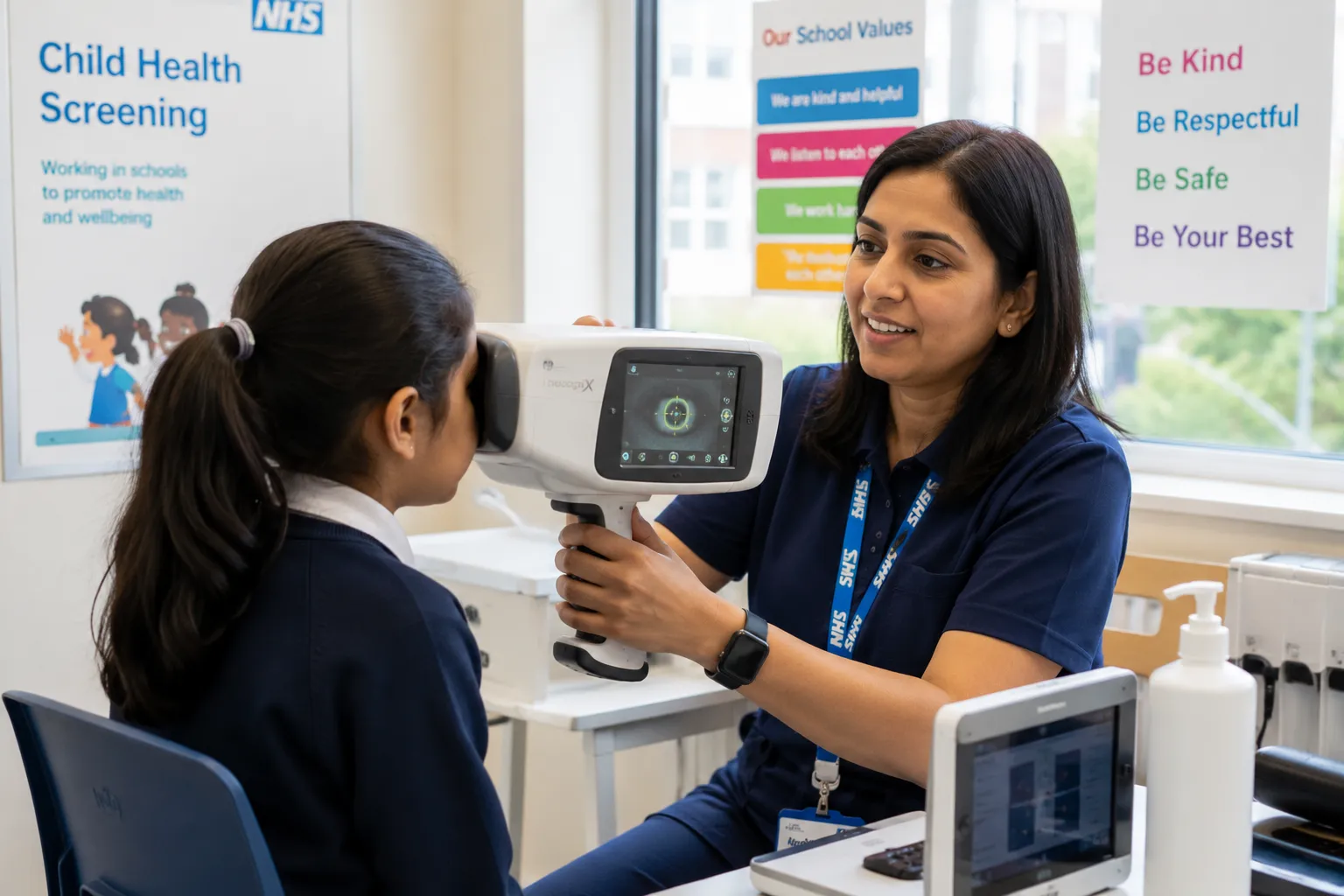 Child Health Screener carrying out a school vision screening for a primary school child in London.