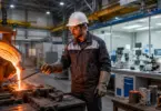 Metallurgical engineer inspecting molten metal during manufacturing operations in a modern foundry.