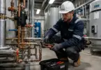 Professional plumber maintaining industrial boiler and pipework systems at a commercial facility.