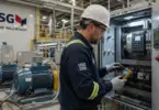 Industrial electrician maintaining electrical systems inside a modern manufacturing plant.