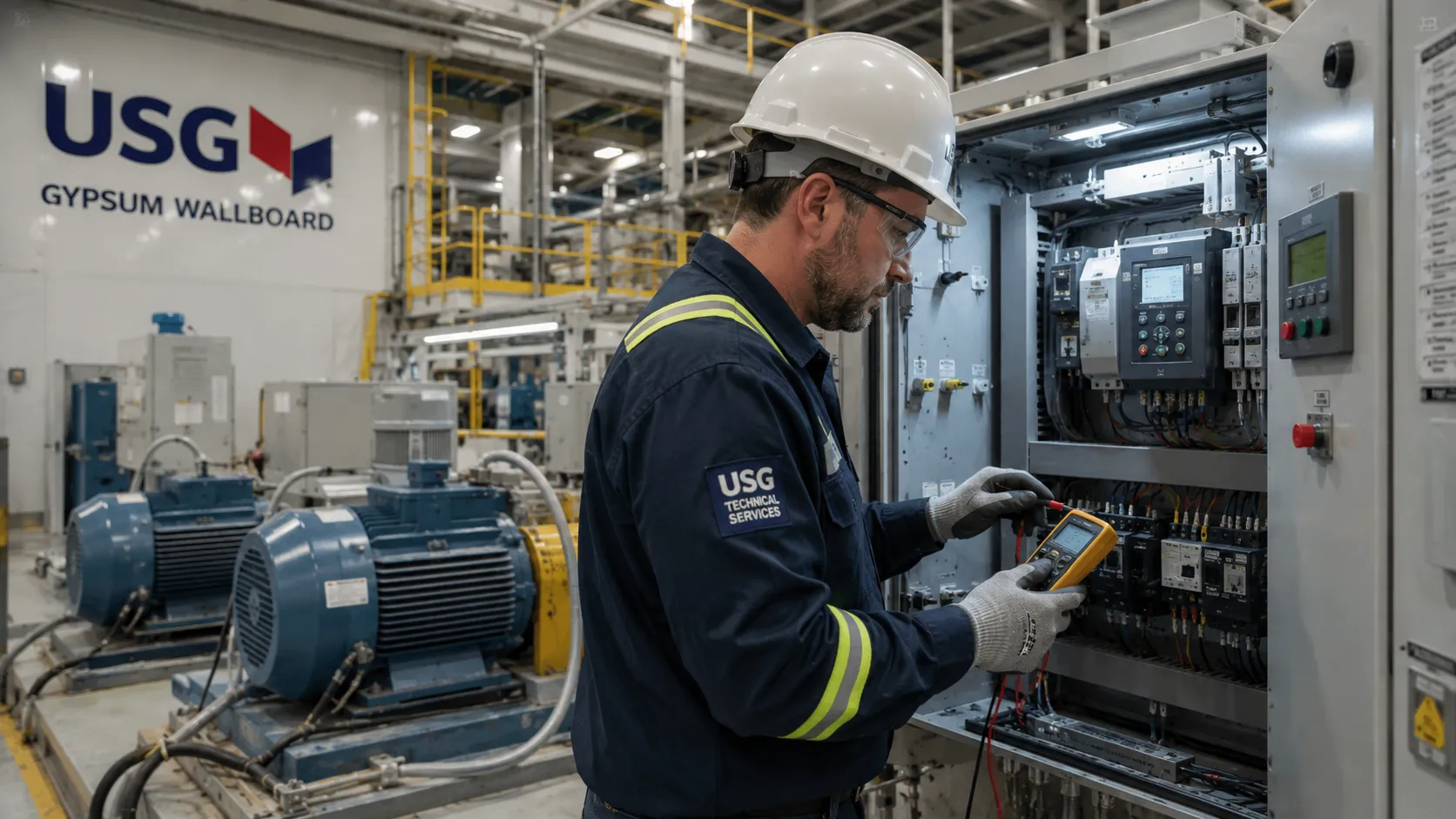 Industrial electrician maintaining electrical systems inside a modern manufacturing plant.