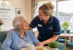 Care Assistant supporting an elderly resident in a residential care home in Stonehaven, Scotland.