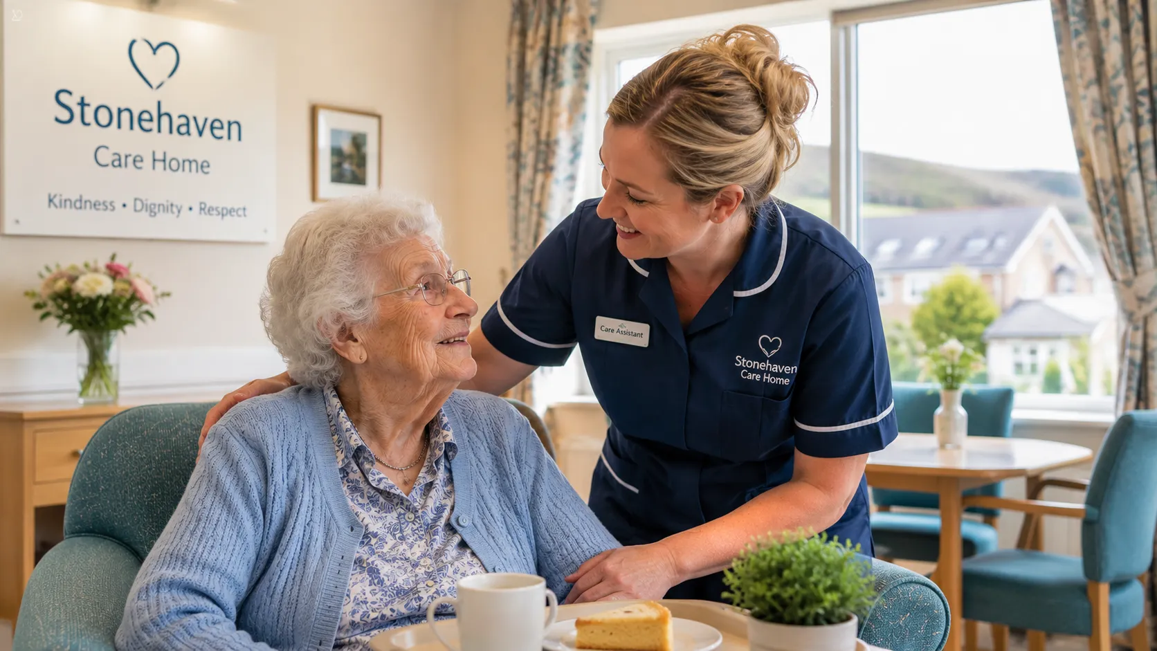 Care Assistant supporting an elderly resident in a residential care home in Stonehaven, Scotland.