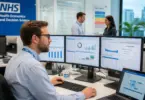 Health Economist analysing healthcare data and economic models in an NHS office in Wolverhampton.