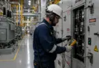 Industrial electrical maintenance technician servicing high-voltage electrical equipment at an industrial facility.