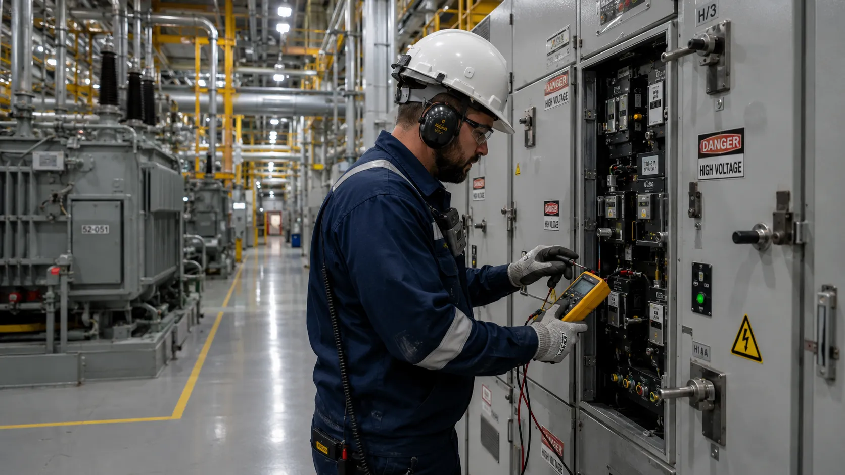 Industrial electrical maintenance technician servicing high-voltage electrical equipment at an industrial facility.