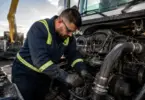 Diesel truck mechanic performing maintenance on a heavy-duty service vehicle during a roadside repair.