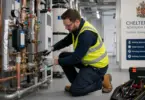Professional plumber performing commercial plumbing maintenance in a facilities management building in Cheltenham.