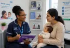Specialist Health Visitor supporting a mother and baby during a perinatal mental health consultation in London.