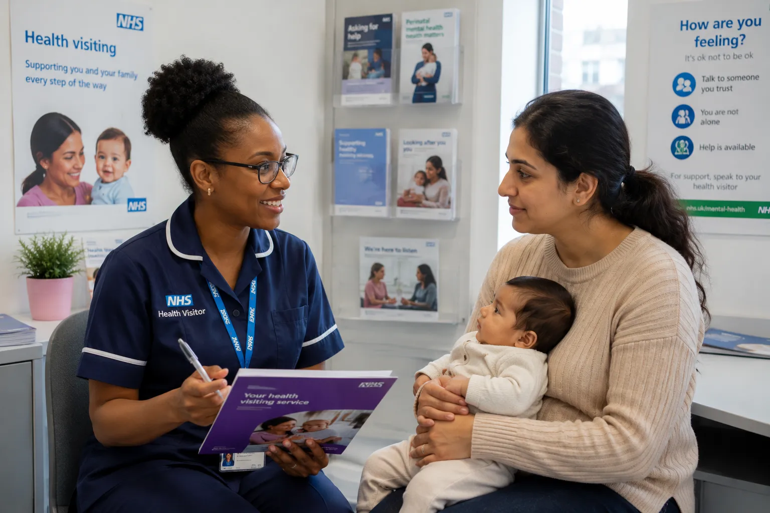 Specialist Health Visitor supporting a mother and baby during a perinatal mental health consultation in London.
