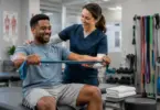Physical therapist helping a patient perform rehabilitation exercises inside a modern orthopedic clinic.